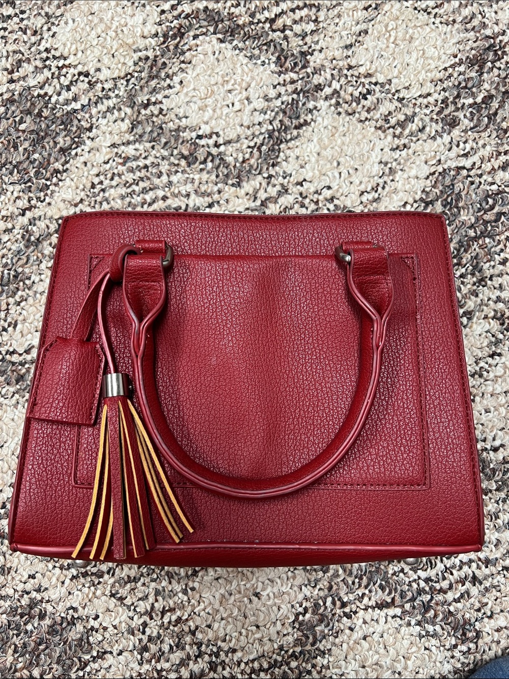 Red Leather Tote Handbag with Tassel